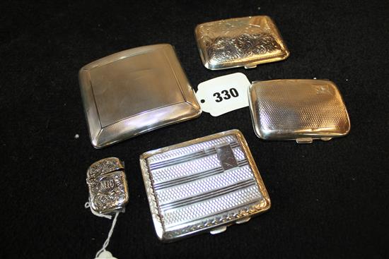 Four silver embossed and engine-turned cigarette cases, various & a silver vesta